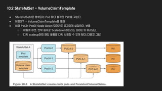10.2 StatefulSet - VolumeClaimTemplate
● StatefulSetd은 생성되는 Pod 마다 별개의 PVC를 갖는다.
● 어떻게? → VolumeClaimTemplate를 통해
● 이때 PVC는 Pod이 Scale Down 되더라도 유지되게 설정한다. 보통
○ 이렇게 하면, 만약 실수로 Scaledown하더라도 데이터가 유지되고,
○ 다시 scaleup하면 해당 볼륨을 다시 사용할 수 있게 된다.(다음장 그림)
 