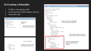 10.3 Creating a StatefulSet
1. PV 생성 or StorageClass 생성
2. Governing Service 생성 (Headless Service)
3. StatefulSet 생성
 