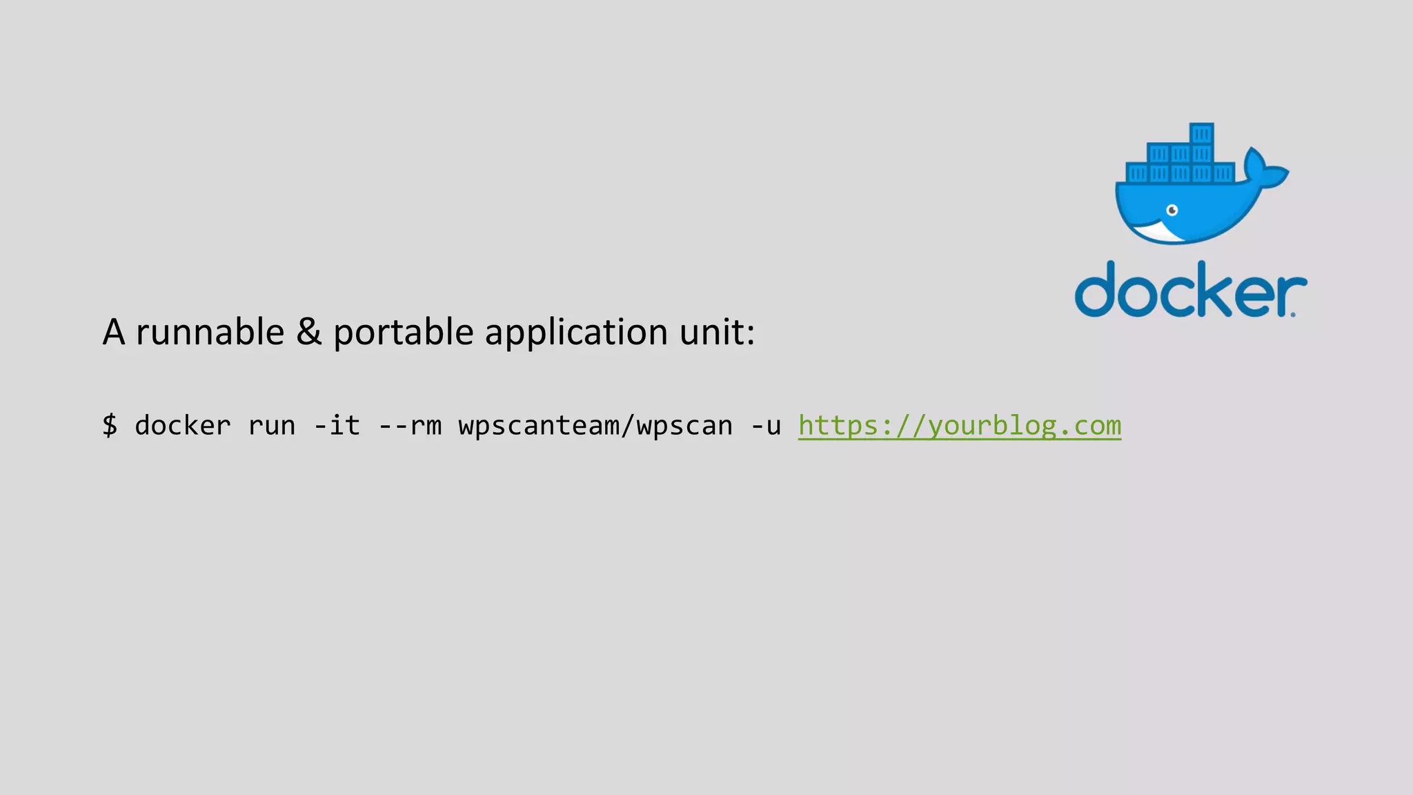 A runnable & portable application unit:
$ docker run -it --rm wpscanteam/wpscan -u https://yourblog.com
 