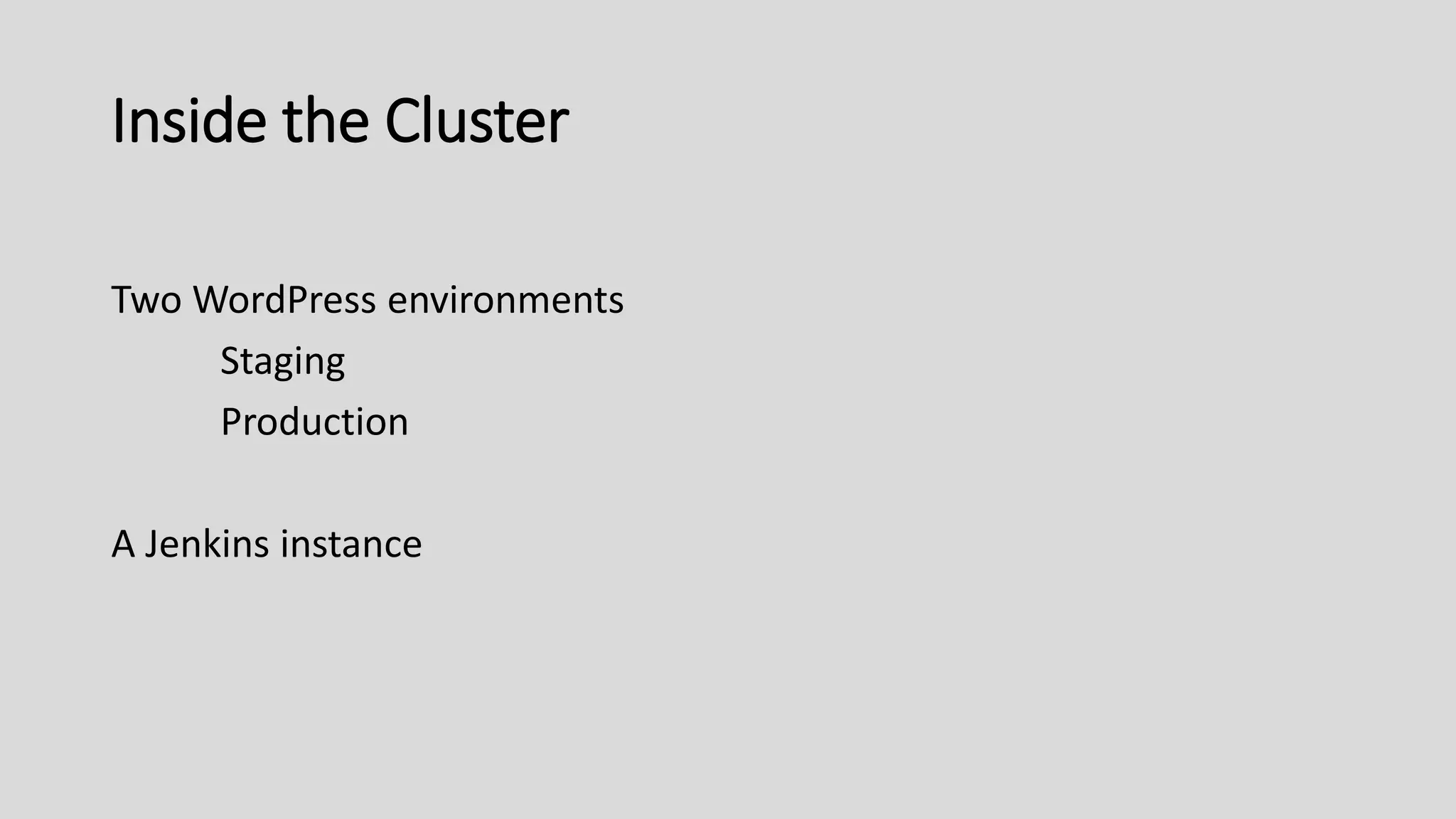 Inside the Cluster
Two WordPress environments
Staging
Production
A Jenkins instance
 
