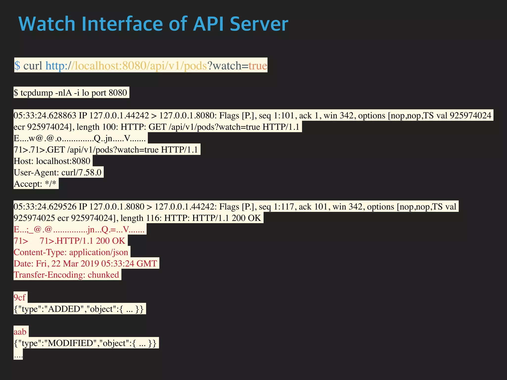 Watch Interface of API Server
$ curl http://localhost:8080/api/v1/pods?watch=true
$ tcpdump -nlA -i lo port 8080
05:33:24.628863 IP 127.0.0.1.44242 > 127.0.0.1.8080: Flags [P.], seq 1:101, ack 1, win 342, options [nop,nop,TS val 925974024
ecr 925974024], length 100: HTTP: GET /api/v1/pods?watch=true HTTP/1.1
E....w@.@.o..............Q..jn.....V.......
71>.71>.GET /api/v1/pods?watch=true HTTP/1.1
Host: localhost:8080
User-Agent: curl/7.58.0
Accept: */*
05:33:24.629526 IP 127.0.0.1.8080 > 127.0.0.1.44242: Flags [P.], seq 1:117, ack 101, win 342, options [nop,nop,TS val
925974025 ecr 925974024], length 116: HTTP: HTTP/1.1 200 OK
E...;_@.@...............jn...Q.=...V.......
71> 71>.HTTP/1.1 200 OK
Content-Type: application/json
Date: Fri, 22 Mar 2019 05:33:24 GMT
Transfer-Encoding: chunked
9cf
{"type":"ADDED","object":{ ... }}
aab
{"type":"MODIFIED","object":{ ... }}
....
 