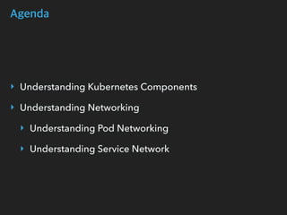 Agenda
‣ Understanding Kubernetes Components
‣ Understanding Networking
‣ Understanding Pod Networking
‣ Understanding Service Network
 