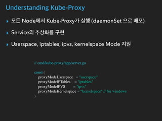 Understanding Kube-Proxy
▸ 모든 Node에서 Kube-Proxy가 실행 (daemonSet 으로 배포)
▸ Service의 추상화를 구현
▸ Userspace, iptables, ipvs, kernelspace Mode 지원
// cmd/kube-proxy/app/server.go
const (
proxyModeUserspace = "userspace"
proxyModeIPTables = "iptables"
proxyModeIPVS = "ipvs"
proxyModeKernelspace = “kernelspace" // for windows
)
 