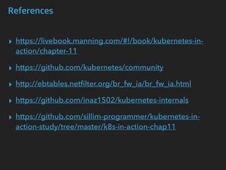 References
▸ https://livebook.manning.com/#!/book/kubernetes-in-
action/chapter-11
▸ https://github.com/kubernetes/community
▸ http://ebtables.netﬁlter.org/br_fw_ia/br_fw_ia.html
▸ https://github.com/inaz1502/kubernetes-internals
▸ https://github.com/sillim-programmer/kubernetes-in-
action-study/tree/master/k8s-in-action-chap11
 