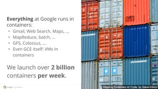 Everything at Google runs in
containers:
• Gmail, Web Search, Maps, ...
• MapReduce, batch, ...
• GFS, Colossus, ...
• Eve...