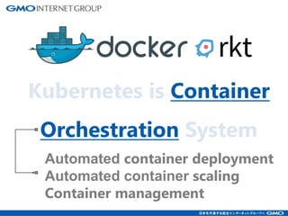 Kubernetes is Container
Orchestration System
Automated container deployment
Automated container scaling
Container management
 