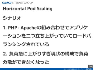 50
Horizontal Pod Scaling
シナリオ
1. PHP+Apacheの組み合わせでアプリケ
ーションを二つ立ち上がっていてロードバ
ランシングされている
2. 負荷急に上がりすぎ現状の構成で負荷
分散ができなくなった
 