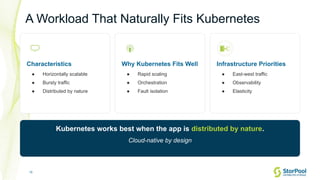 15
A Workload That Naturally Fits Kubernetes
Characteristics
● Horizontally scalable
● Bursty traffic
● Distributed by nature
Why Kubernetes Fits Well
● Rapid scaling
● Orchestration
● Fault isolation
Infrastructure Priorities
● East-west traffic
● Observability
● Elasticity
Kubernetes works best when the app is distributed by nature.
Cloud-native by design
 