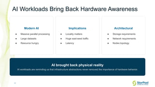 17
AI Workloads Bring Back Hardware Awareness
Modern AI
● Massive parallel processing
● Large datasets
● Resource hungry
Implications
● Locality matters
● Huge east-west traffic
● Latency
Architectural
● Storage requirements
● Network requirements
● Nodes topology
AI brought back physical reality
AI workloads are reminding us that infrastructure abstractions never removed the importance of hardware behavior.
 