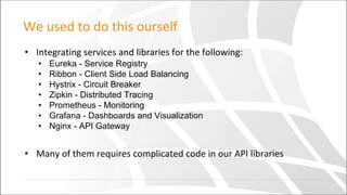 We used to do this ourself
• Integrating services and libraries for the following:
• Eureka - Service Registry
• Ribbon - Client Side Load Balancing
• Hystrix - Circuit Breaker
• Zipkin - Distributed Tracing
• Prometheus - Monitoring
• Grafana - Dashboards and Visualization
• Nginx - API Gateway
• Many of them requires complicated code in our API libraries
 