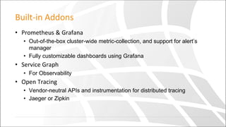 Built-in Addons
• Prometheus & Grafana
• Out-of-the-box cluster-wide metric-collection, and support for alert’s
manager
• Fully customizable dashboards using Grafana
• Service Graph
• For Observability
• Open Tracing
• Vendor-neutral APIs and instrumentation for distributed tracing
• Jaeger or Zipkin
 