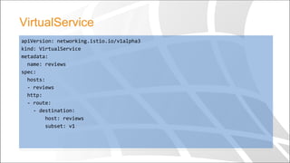 apiVersion: networking.istio.io/v1alpha3
kind: VirtualService
metadata:
name: reviews
spec:
hosts:
- reviews
http:
- route:
- destination:
host: reviews
subset: v1
VirtualService
 