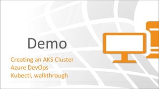 Demo
Creating an AKS Cluster
Azure DevOps
Kubectl, walkthrough
 