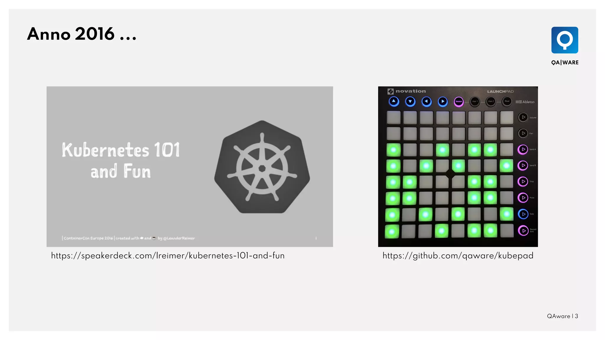 Anno 2016 ...
QAware | 3
https://speakerdeck.com/lreimer/kubernetes-101-and-fun https://github.com/qaware/kubepad
 