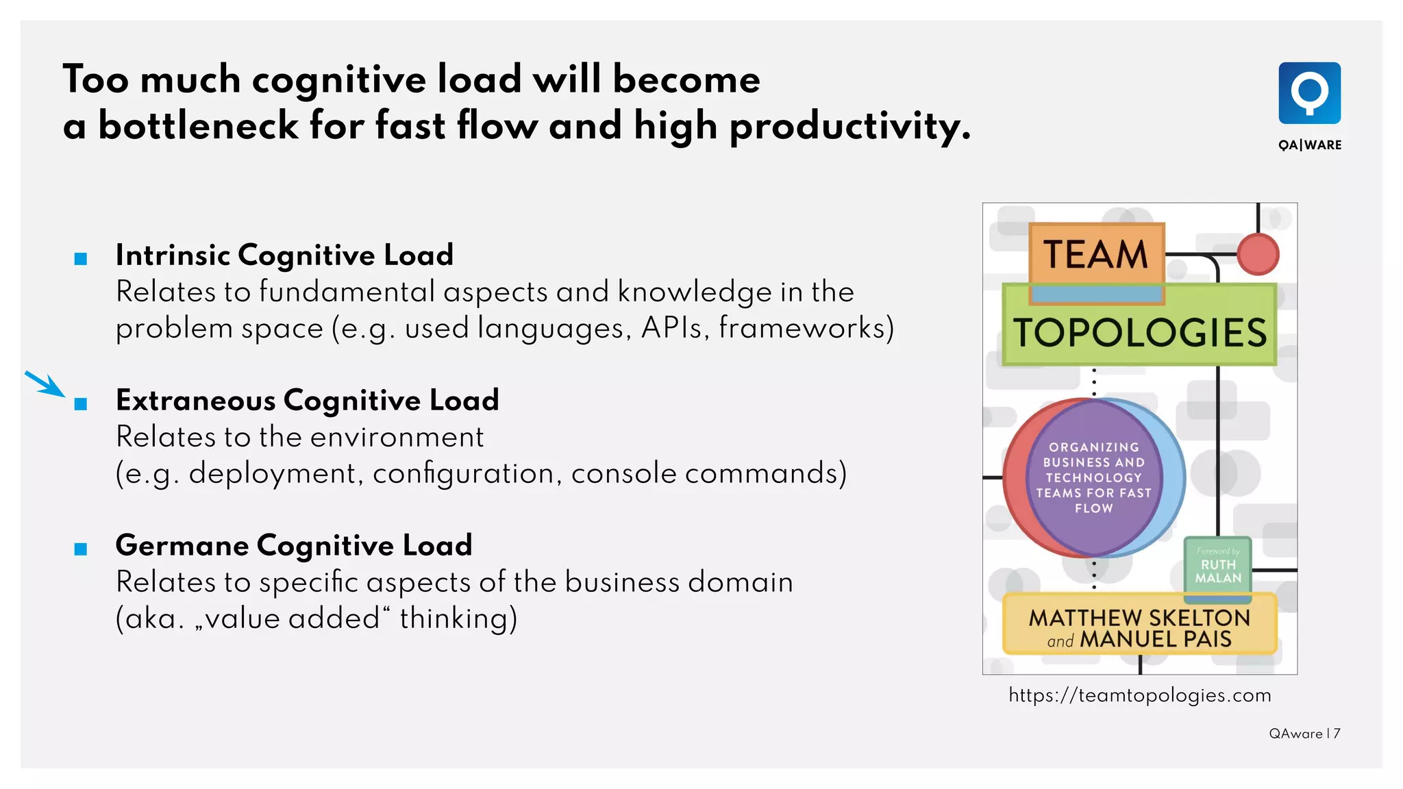 Too much cognitive load will become
a bottleneck for fast ﬂow and high productivity.
QAware | 7
■ Intrinsic Cognitive Load
Relates to fundamental aspects and knowledge in the
problem space (e.g. used languages, APIs, frameworks)
■ Extraneous Cognitive Load
Relates to the environment
(e.g. deployment, conﬁguration, console commands)
■ Germane Cognitive Load
Relates to speciﬁc aspects of the business domain
(aka. „value added“ thinking)
https://teamtopologies.com
 