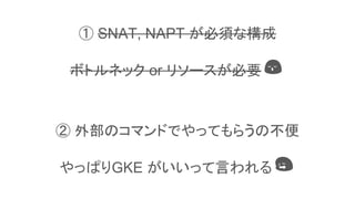 This is a slide title
① SNAT, NAPT が必須な構成
ボトルネック or リソースが必要
② 外部のコマンドでやってもらうの不便
やっぱりGKE がいいって言われる
 