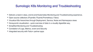 Sumologic K8s Monitoring and Troubleshooting
• Delivers a best in class, end-to-end Kubernetes Monitoring and Troubleshooting experience.
• Open source collectors (Fluentbit, Fluentd,Prometheus, Falco)
• Visualize K8s hierarchies through Deployment, Service, Node and Namespace views
• Honeycomb visualization - quick overview of data in a visually digestible way.
• Simplified Monitoring and Troubleshooting
• Correlation of Logs, Metrics, event and Security
• Integrated security with Falco+ partner apps
 