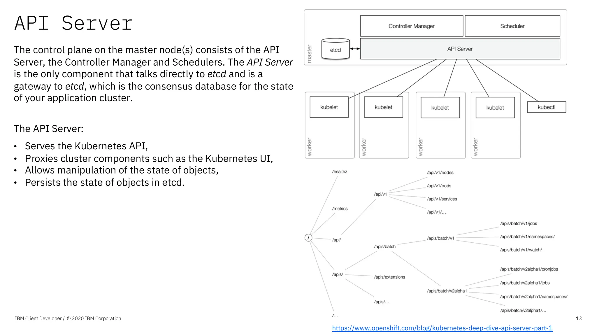 API Server
IBM Client Developer / © 2020 IBM Corporation 13
The control plane on the master node(s) consists of the API
Server, the Controller Manager and Schedulers. The API Server
is the only component that talks directly to etcd and is a
gateway to etcd, which is the consensus database for the state
of your application cluster.
The API Server:
• Serves the Kubernetes API,
• Proxies cluster components such as the Kubernetes UI,
• Allows manipulation of the state of objects,
• Persists the state of objects in etcd.
https://www.openshift.com/blog/kubernetes-deep-dive-api-server-part-1
 