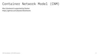 Container Network Model (CNM)
IBM Client Developer / © 2020 IBM Corporation 11
Aka Libnetwork supported by Docker
https://github.com/docker/libnetwork
 