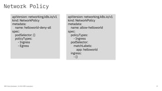Network Policy
IBM Client Developer / © 2020 IBM Corporation 27
apiVersion: networking.k8s.io/v1
kind: NetworkPolicy
metadata:
name: helloworld-deny-all
spec:
podSelector: {}
policyTypes:
- Ingress
- Egress
apiVersion: networking.k8s.io/v1
kind: NetworkPolicy
metadata:
name: allow-helloworld
spec:
policyTypes:
- Ingress
podSelector:
matchLabels:
app: helloworld
ingress:
- {}
 