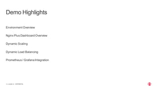| ©2020 F513
Environment Overview
Nginx Plus Dashboard Overview
Dynamic Scaling
Dynamic Load Balancing
Prometheus / Grafana Integration
CONFIDENTIAL
Demo Highlights
 