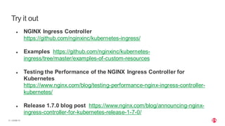 | ©2020 F521
● NGINX Ingress Controller
https://github.com/nginxinc/kubernetes-ingress/
● Examples https://github.com/nginxinc/kubernetes-
ingress/tree/master/examples-of-custom-resources
● Testing the Performance of the NGINX Ingress Controller for
Kubernetes
https://www.nginx.com/blog/testing-performance-nginx-ingress-controller-
kubernetes/
● Release 1.7.0 blog post https://www.nginx.com/blog/announcing-nginx-
ingress-controller-for-kubernetes-release-1-7-0/
Try it out
 