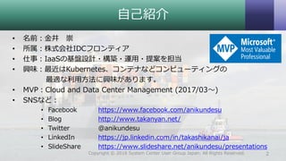 自己紹介
• 名前：金井 崇
• 所属：株式会社IDCフロンティア
• 仕事：IaaSの基盤設計・構築・運用・提案を担当
• 興味：最近はKubernetes、コンテナなどコンピューティングの
最適な利用方法に興味があります。
• MVP：Cloud and Data Center Management (2017/03～)
• SNSなど：
• Facebook https://www.facebook.com/anikundesu
• Blog http://www.takanyan.net/
• Twitter @anikundesu
• LinkedIn https://jp.linkedin.com/in/takashikanai/ja
• SlideShare https://www.slideshare.net/anikundesu/presentations
2Copyright © 2018 System Center User Group Japan. All Rights Reserved.
 