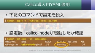 Calico導入用YAML適用
• 下記のコマンドで設定を投入
• 設定後、calico-nodeが起動したか確認
21Copyright © 2018 System Center User Group Japan. All Rights Reserved.
$ kubectl apply -f ~/kube/calico/calico.yaml
$ kubectl get pods --all-namespaces
NAMESPACE NAME READY STATUS RESTARTS AGE
kube-system calico-node-gbwj7 2/2 Running 0 2d
 