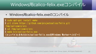 Windows用calico-felix.exeコンパイル
• Windows用calico-felix.exeのコンパイル
23Copyright © 2018 System Center User Group Japan. All Rights Reserved.
$ sudo apt-get install make
$ git clone https://github.com/projectcalico/felix.git
/tmp/calicowin/src
$ cd /tmp/calicowin/src
$ make bin/calico-felix.exe
(コンパイルされたbin/calico-felix.exeをWindows Workerへコピー)
 