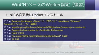 WinCNIベースのWorker設定（復習）
• NIC名変更後にDockerインストール
24Copyright © 2018 System Center User Group Japan. All Rights Reserved.
PS C:¥> Rename-NetAdapter -Name "イーサネット" -NewName "Ethernet“
Dockerのインストール（省略）
PS C:¥> wget https://github.com/Microsoft/SDN/archive/master.zip -o master.zip
PS C:¥> Expand-Archive master.zip -DestinationPath master
PS C:¥> mkdir C:¥k¥
PS C:¥> mv master¥SDN-master¥Kubernetes¥windows¥* C:¥k¥
PS C:¥> cd C:¥k
 