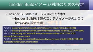 Insider Buildイメージ利用のための設定
• Insider Buildのイメージ入手とタグ付け
⇒Insider Buildを本家のコンテナイメージのように
使うための設定手順
25Copyright © 2018 System Center User Group Japan. All Rights Reserved.
PS C:¥k> docker pull mcr.microsoft.com/nanoserver-insider:10.0.17744.1001
PS C:¥k> docker pull mcr.microsoft.com/windowsservercore-insider:10.0.17744.1001
PS C:¥k> docker tag mcr.microsoft.com/nanoserver-insider:10.0.17744.1001
microsoft/nanoserver:latest
PS C:¥k> docker tag mcr.microsoft.com/windowsservercore-insider:10.0.17744.1001
microsoft/windowsservercore:latest
 