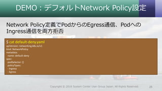 DEMO：デフォルトNetwork Policy設定
Network Policy定義でPodからのEgress通信、Podへの
Ingress通信を両方拒否
28Copyright © 2018 System Center User Group Japan. All Rights Reserved.
$ cat default-deny.yaml
apiVersion: networking.k8s.io/v1
kind: NetworkPolicy
metadata:
name: default-deny
spec:
podSelector: {}
policyTypes:
- Ingress
- Egress
 
