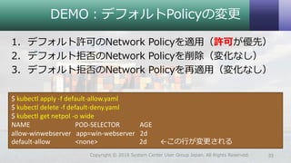 DEMO：デフォルトPolicyの変更
1. デフォルト許可のNetwork Policyを適用（許可が優先）
2. デフォルト拒否のNetwork Policyを削除（変化なし）
3. デフォルト拒否のNetwork Policyを再適用（変化なし）
33Copyright © 2018 System Center User Group Japan. All Rights Reserved.
$ kubectl apply -f default-allow.yaml
$ kubectl delete -f default-deny.yaml
$ kubectl get netpol -o wide
NAME POD-SELECTOR AGE
allow-winwebserver app=win-webserver 2d
default-allow <none> 2d ←この行が変更される
 