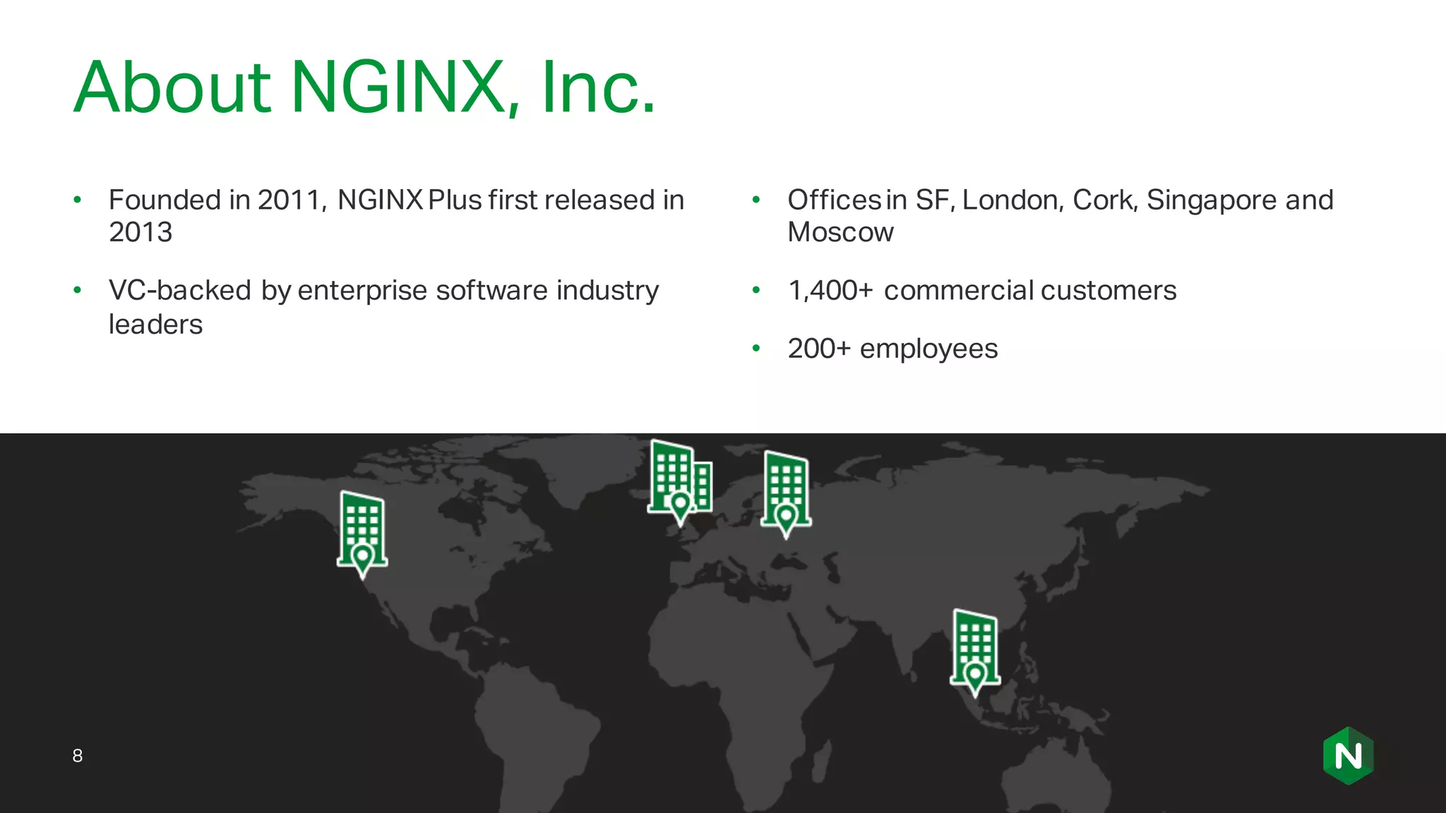 About NGINX, Inc.
• Founded in 2011, NGINXPlus first released in
2013
• VC-backed by enterprise software industry
leaders
• Officesin SF, London, Cork, Singapore and
Moscow
• 1,400+ commercial customers
• 200+ employees
8
 