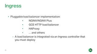 25
Ingress
• Pluggableload balancer implementation:
• NGINX/NGINX Plus
• GCE HTTP load balancer
• HAProxy
• … and others
- A load balancer is integrated via an Ingress controller that
you must deploy
 