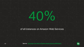 40%
of all instances on Amazon Web Services
Source: : Sumologic: The State of Modern Applications in AWS Report138
 