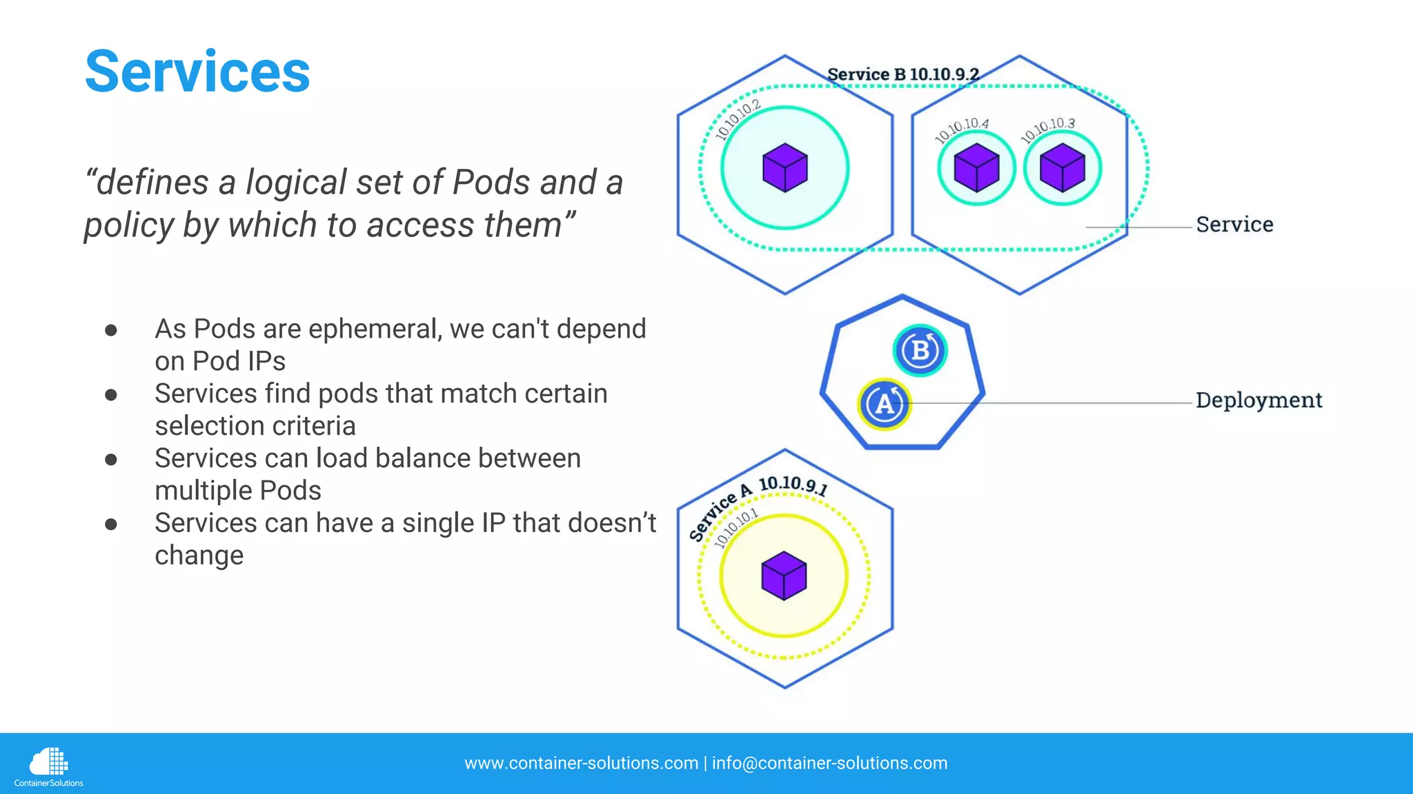 www.container-solutions.com | info@container-solutions.com
Services
“defines a logical set of Pods and a
policy by which to access them”
● As Pods are ephemeral, we can't depend
on Pod IPs
● Services find pods that match certain
selection criteria
● Services can load balance between
multiple Pods
● Services can have a single IP that doesn’t
change
 