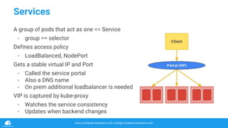 www.container-solutions.com | info@container-solutions.com
Services
A group of pods that act as one == Service
- group == selector
Defines access policy
- LoadBalanced, NodePort
Gets a stable virtual IP and Port
- Called the service portal
- Also a DNS name
- On prem additional loadbalancer is needed
VIP is captured by kube-proxy
- Watches the service consistency
- Updates when backend changes
 
