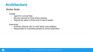 www.container-solutions.com | info@container-solutions.com
kubelet
- Agent for running Pods
- Mounts volumes for Pods where required
- Reports the status of Pods back to rest of system
kube-proxy
- Enforces network rules on each Node (uses iptables)
- Responsible for forwarding packets to correct destination
Architecture
Worker Node
 