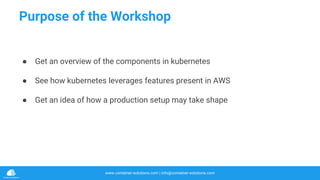 www.container-solutions.com | info@container-solutions.com
Purpose of the Workshop
● Get an overview of the components in kubernetes
● See how kubernetes leverages features present in AWS
● Get an idea of how a production setup may take shape
 