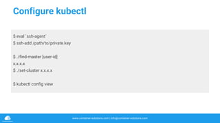 www.container-solutions.com | info@container-solutions.com
Configure kubectl
$ eval `ssh-agent`
$ ssh-add /path/to/private.key
$ ./find-master [user-id]
x.x.x.x
$ ./set-cluster x.x.x.x
$ kubectl config view
 
