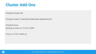 www.container-solutions.com | info@container-solutions.com
Cluster Add-Ons
$ kubectl cluster-info
$ kubectl create -f kube-files/kubernetes-dashboard.yml
$ kubectl proxy
Starting to serve on 127.0.0.1:8001
# Go to 127.0.0.1:8001/ui
 