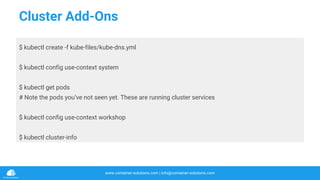 www.container-solutions.com | info@container-solutions.com
Cluster Add-Ons
$ kubectl create -f kube-files/kube-dns.yml
$ kubectl config use-context system
$ kubectl get pods
# Note the pods you’ve not seen yet. These are running cluster services
$ kubectl config use-context workshop
$ kubectl cluster-info
 