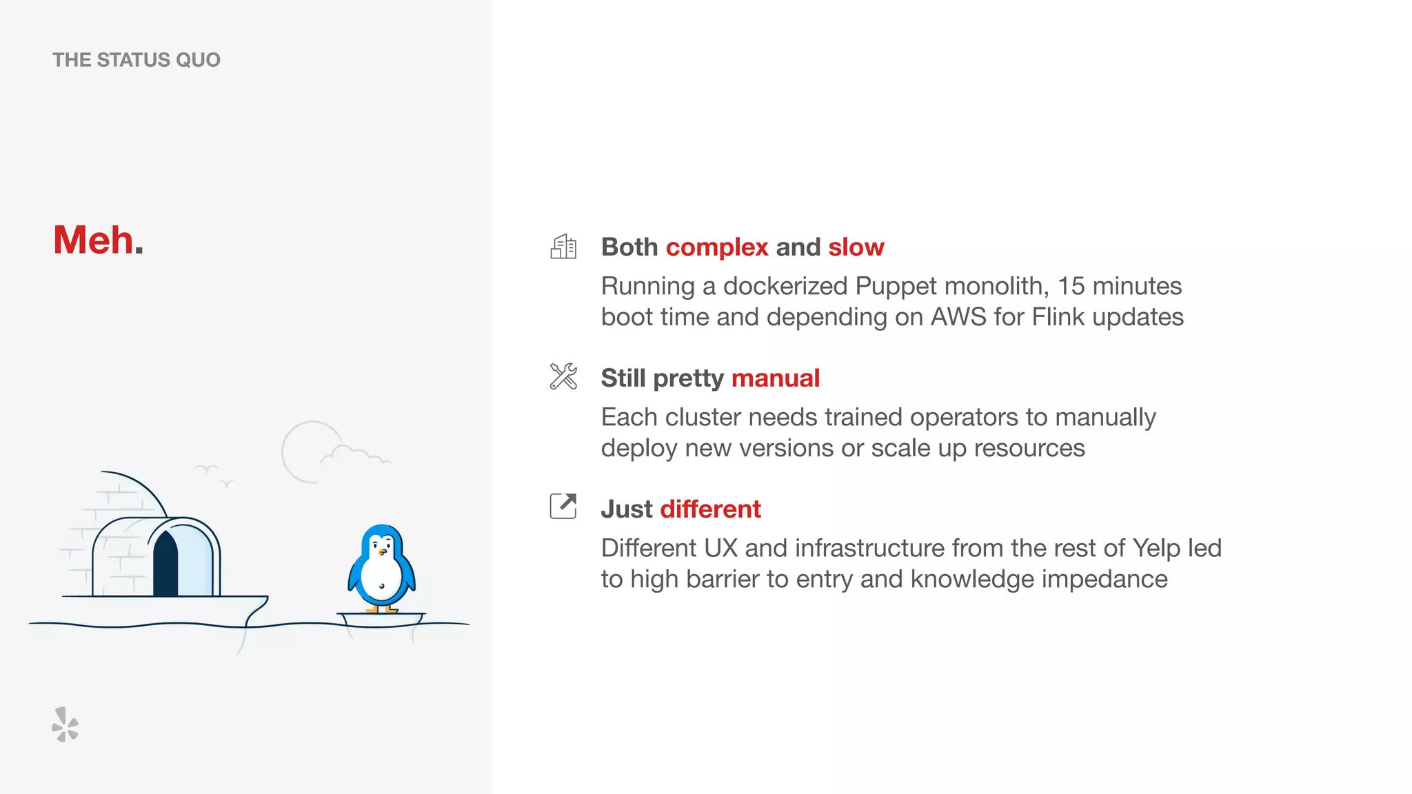 THE STATUS QUO
Meh. Both complex and slow
Running a dockerized Puppet monolith, 15 minutes
boot time and depending on AWS for Flink updates
Still pretty manual
Just diﬀerent
Each cluster needs trained operators to manually
deploy new versions or scale up resources
Diﬀerent UX and infrastructure from the rest of Yelp led
to high barrier to entry and knowledge impedance
 