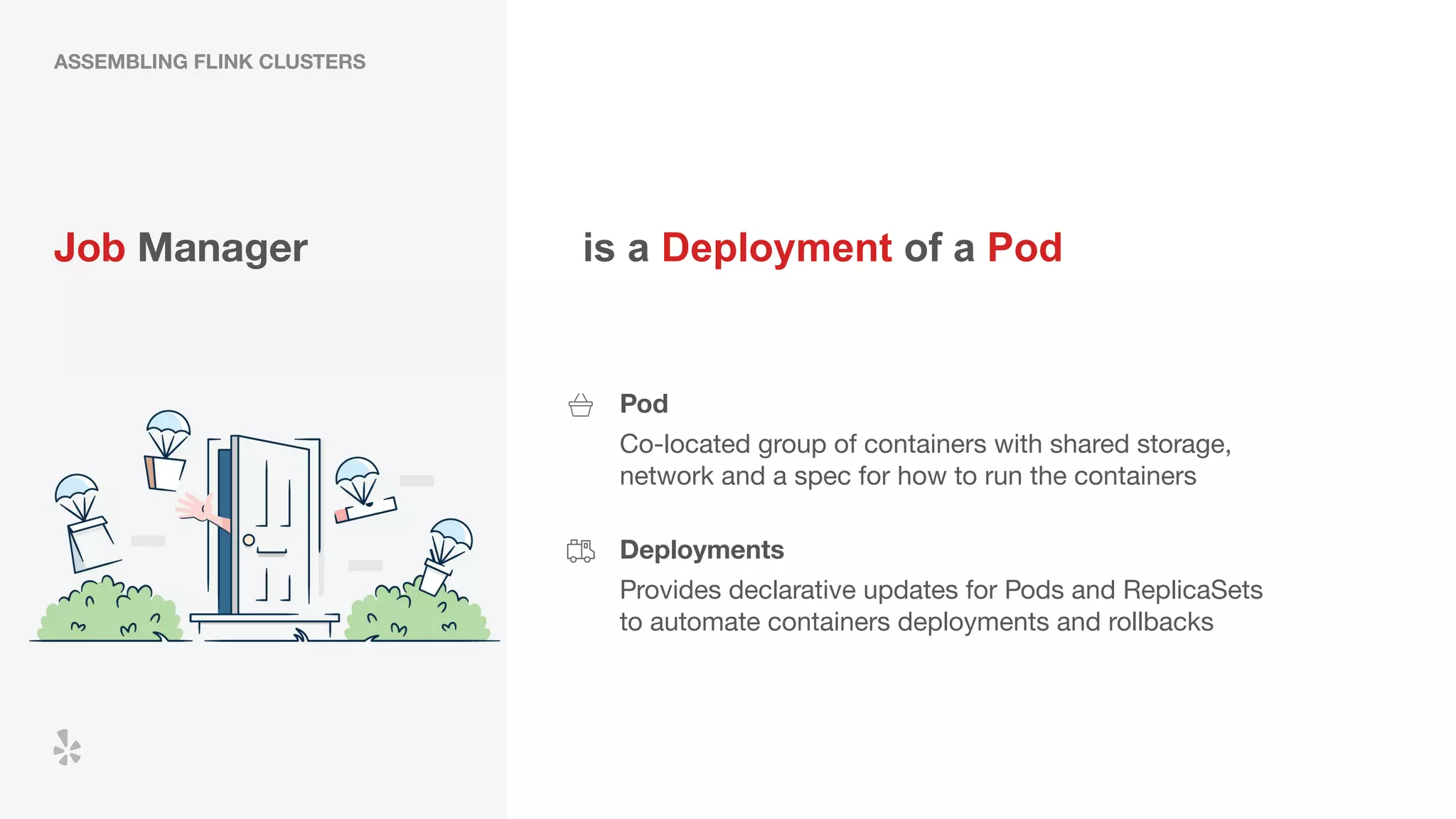 Job Manager
Pod
Co-located group of containers with shared storage,
network and a spec for how to run the containers
is a Deployment of a Pod
Deployments
Provides declarative updates for Pods and ReplicaSets
to automate containers deployments and rollbacks
ASSEMBLING FLINK CLUSTERS
 