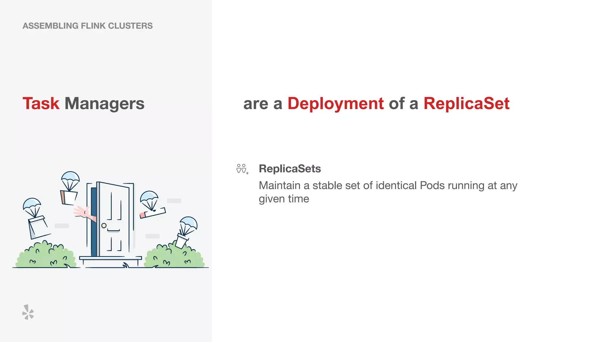 Task Managers are a Deployment of a ReplicaSet
ReplicaSets
Maintain a stable set of identical Pods running at any
given time
ASSEMBLING FLINK CLUSTERS
 