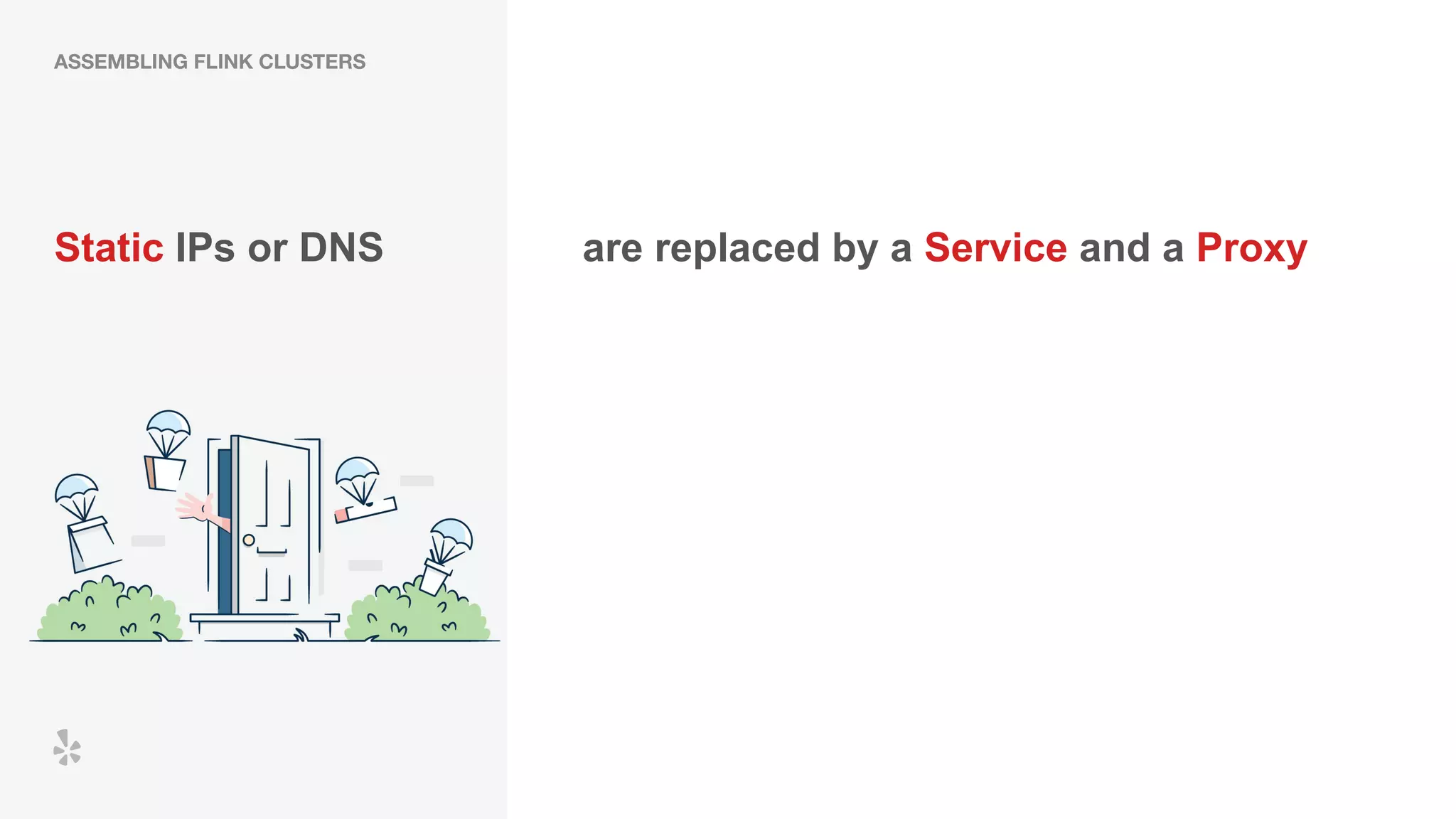 Static IPs or DNS are replaced by a Service and a Proxy
ASSEMBLING FLINK CLUSTERS
 