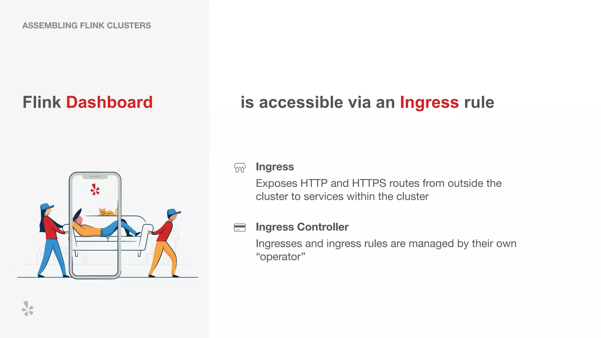 Flink Dashboard
Ingress
Exposes HTTP and HTTPS routes from outside the
cluster to services within the cluster
is accessible via an Ingress rule
ASSEMBLING FLINK CLUSTERS
Ingress Controller
Ingresses and ingress rules are managed by their own
“operator”
 