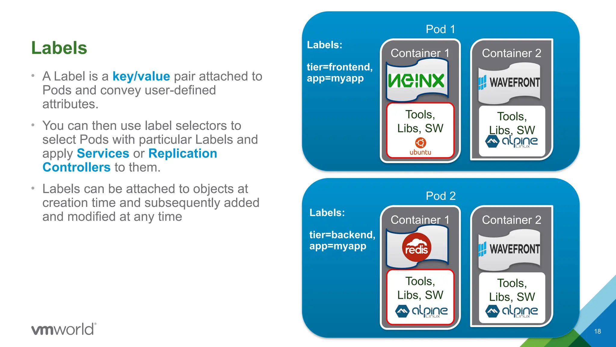 18
Labels
• A Label is a key/value pair attached to
Pods and convey user-defined
attributes.
• You can then use label selectors to
select Pods with particular Labels and
apply Services or Replication
Controllers to them.
• Labels can be attached to objects at
creation time and subsequently added
and modified at any time
Pod 1
Container 1
Tools,
Libs, SW
Container 2
Tools,
Libs, SW
Pod 2
Container 1
Tools,
Libs, SW
Container 2
Tools,
Libs, SW
Labels:
tier=frontend,
app=myapp
Labels:
tier=backend,
app=myapp
 