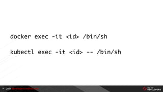 Join developers.redhat.com
docker exec -it <id> /bin/sh
kubectl exec -it <id> -- /bin/sh
20